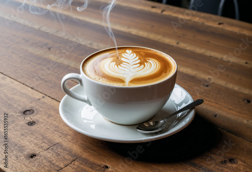 A hot cappuccino in a white cup on a wooden table, with coffee and milk foam, for a morning breakfast