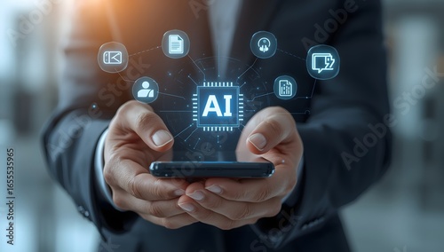 User interacting with AI chatbot on mobile device, surrounded by speech bubble, voice waveform, command prompt bar, representing conversational AI, virtual assistant, and smart customer support.