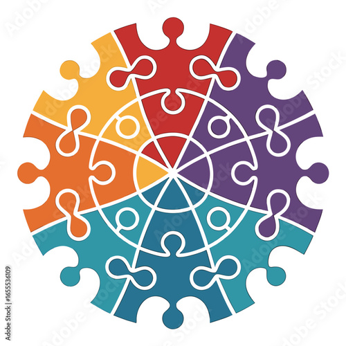 Colorful jigsaw puzzle pieces form a radial pattern on a white transparent backdrop for versatile applications