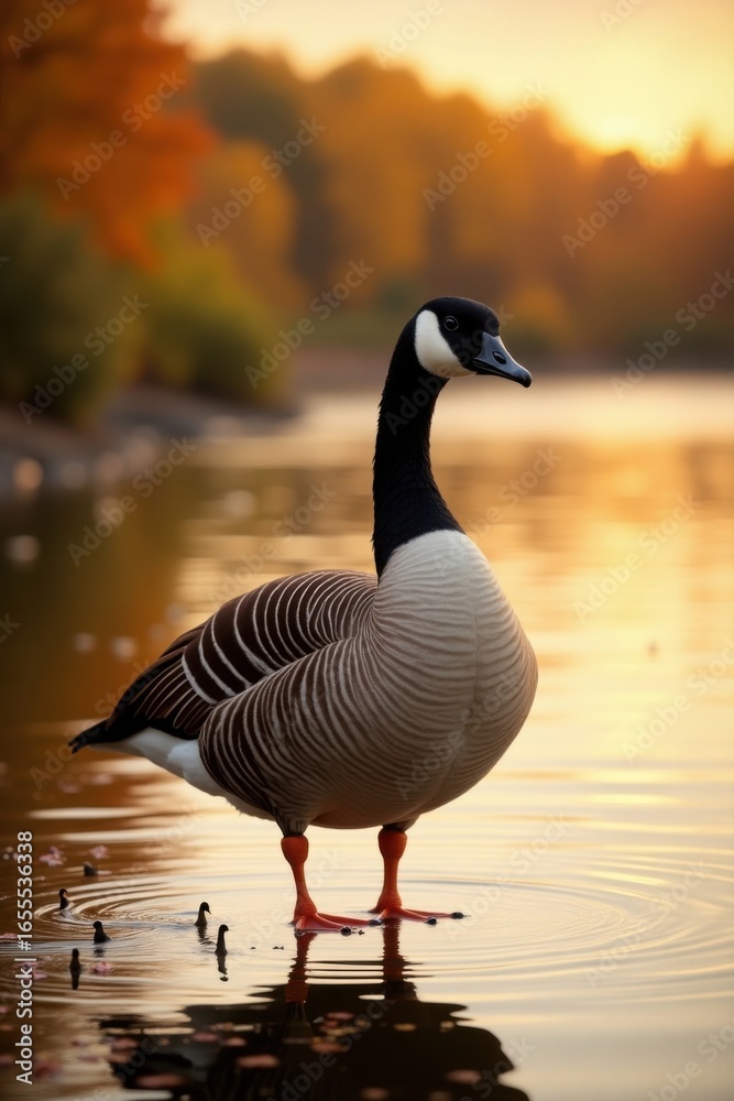 Obraz premium Majestic Canada Goose Standing in Shallow Water at Sunrise