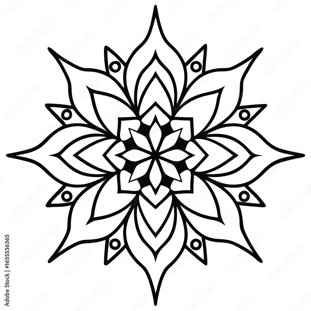 Fototapeta premium Delicate floral outline design showcases symmetrical petal arrangements with circular accents, perfect for detailed coloring transparent background