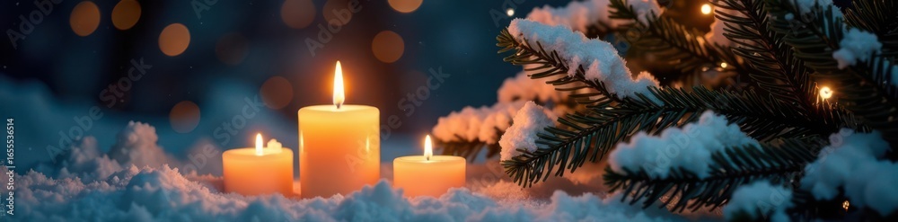 Burning candles illuminate snowy artificial fir tree , still life, noel Burning candles illuminate snowy artificial fir tree , still life, noel