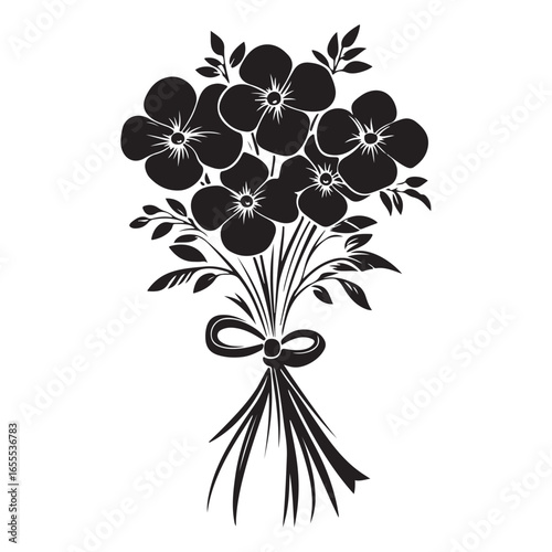 Silhouette spring flower bouquet tied with ribbon black color only 
