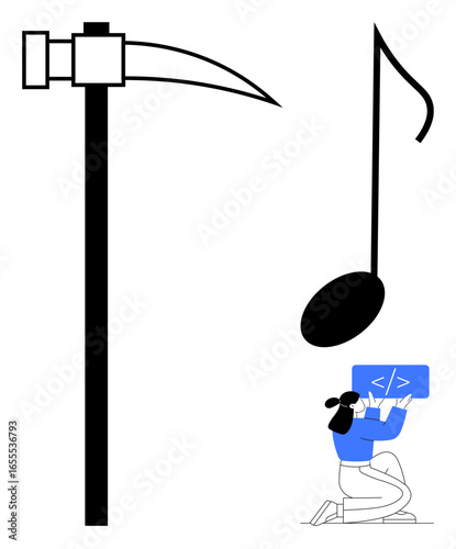 Hammer, musical note, and person coding on laptop symbolize creativity, labor, and technology integration. Ideal for innovation, technology, creativity, coding music labor simple landing page
