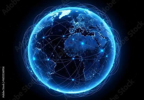 Glowing digital earth with connected networks illuminating continents against a dark background