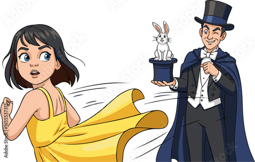 Magician's Mischief: Girl Flees a Winking Illusionist with Rabbit