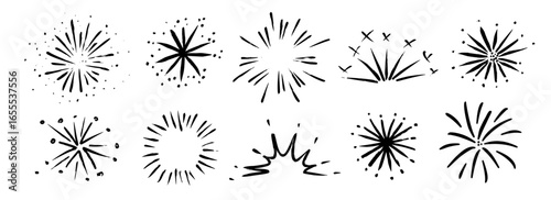 Hand drawn fireworks set. Crayon doodled firecracker element collection. Black pastel sketches of explosion, spark burst, star lights. Vector charcoal drawn fire work sparkle stickers