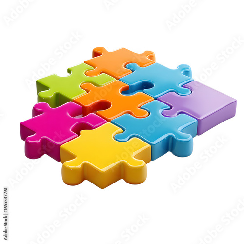 Interlocking Colorful Puzzle Pieces Forming a Square Viewed from a High Angle.