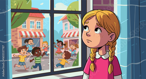 Pensive blonde girl with braids looking out window at playing children