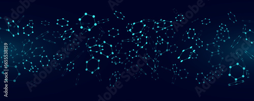 Abstract hexagonal molecular structure background. Flying blue hexagons connected by dots for medical research presentation, technology or biotech design. Vector illustration.