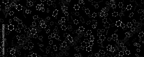 Abstract flying white hexagons connected by dots for medical research presentation, technology or biotech design. Hexagonal molecular structure on black background. Vector illustration.