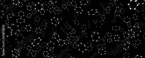 Abstract hexagonal molecular structure on black background. Flying hexagons connected by dots for medical research presentation, technology or biotech design. Vector illustration.