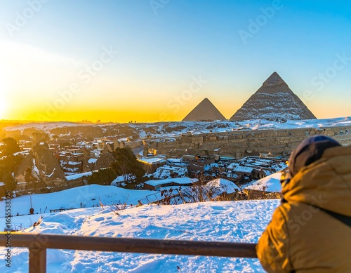 Winter sunrise over pyramids