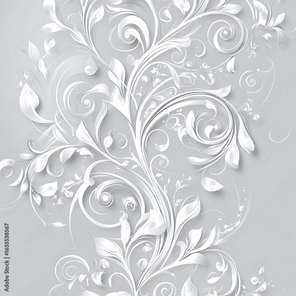 Elegant white floral swirls on gray background image Elegant white floral swirls on gray background image