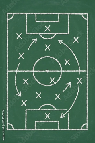 Detailed soccer field play diagram in white chalk drawn on green chalkboard surface illustration