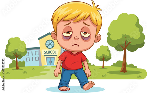 Sad Cartoon Boy with Black Eyes Near School Building
