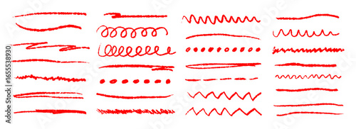 Red grunge brush stoke set. Hand drawn crayon underline, zigzag, dash line collection. Wet or dry pastel pencil doodle scribble bundle. Vector rough chalk charcoal sketch scrawls, waves and zig zag