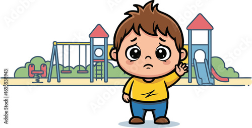 Sad Child Waving Goodbye at Playground with Tears in Eyes
