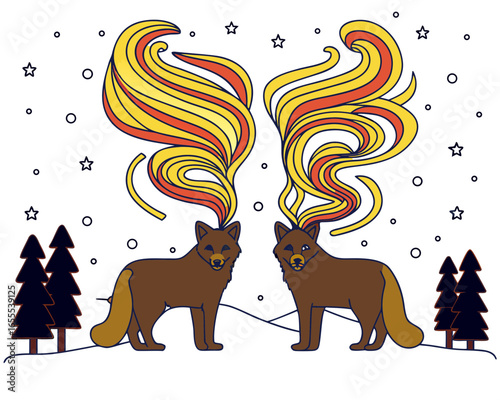Arctic foxes with fur made of swirling aurora borealis lights