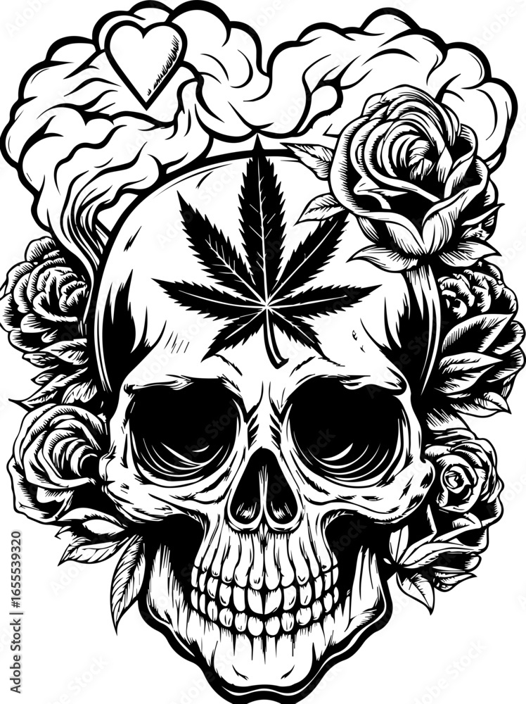 Fototapeta premium SVG featuring a skull adorned with cannabis leaves in a Halloween theme. Intricate Skull Design with Cannabis Leaf and Floral Elements