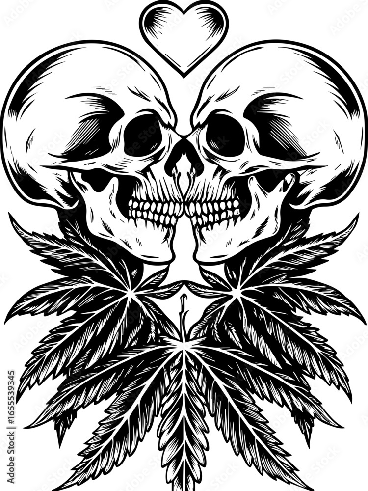 Obraz premium SVG featuring a skull adorned with cannabis leaves in a Halloween theme. Two Skulls Kissing with Heart and Cannabis Leaves Design