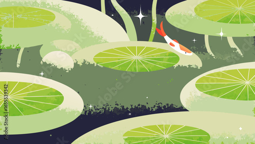 Koi fish swimming through a floating Zen garden in zero gravity
