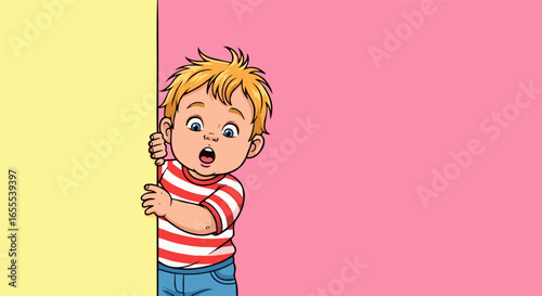 Surprised Toddler Peeking from Behind a Yellow Wall