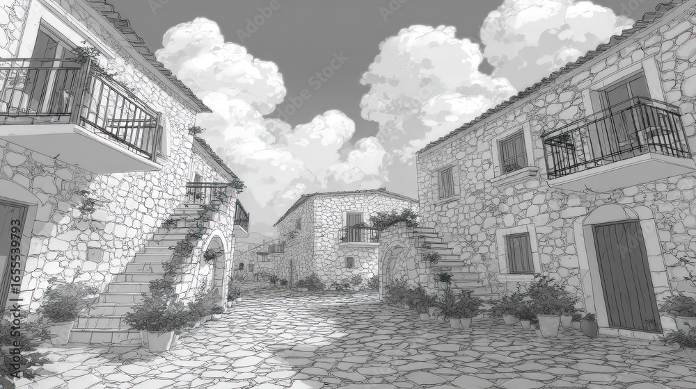 Fototapeta premium Grayscale stone buildings line a sun-dappled path beneath voluminous clouds