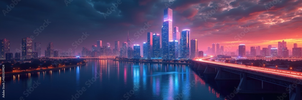 Naklejka premium Vibrant cityscape at twilight reflected in the water.