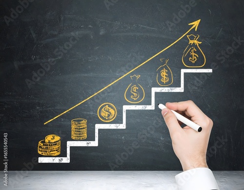 A hand drawing a step-by-step financial growth chart on a chalkboard, illustrating the path from simple savings to successful wealth accumulation.