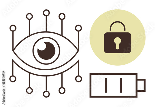 Eye with circuit lines, lock inside yellow circle, and battery icon signify security, privacy, technology, low energy, surveillance, biometrics innovation. Ideal for cybersecurity biometrics data