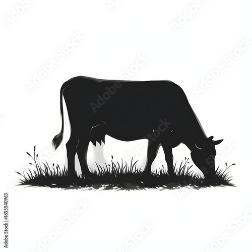 Black silhouette of a grazing cow, side view, simple design, minimalist graphic illustration, vector art, negative space, white background, stock image, agricultural icon frame, animal symbol. 