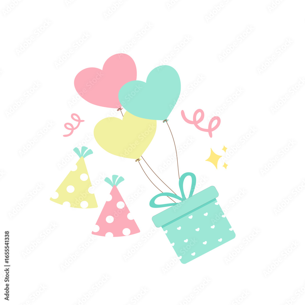 Fototapeta premium Cute Party Vector with Heart Balloons, Gift Box and Party Hats Illustration
