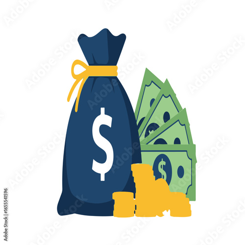A dark blue money bag with a white dollar sign sits beside a stack of green banknotes and gold coins symbolizing wealth and financial success
