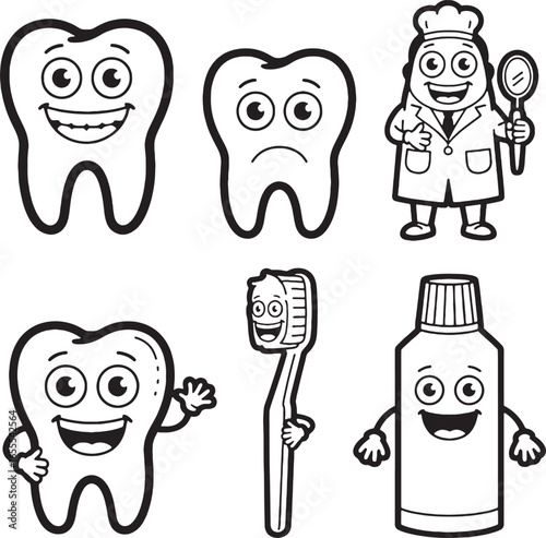 Cartoon Tooth Characters and Dental Hygiene Icons with Happy and Sad Expressions teeth dentist