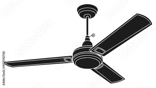 Illustration of a ceiling fan with three blades and a pull chain in black and white design style