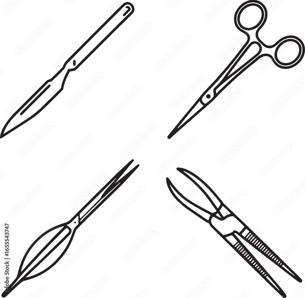 Fototapeta premium Medical Surgical Instruments Line Art Icons Set scalpel scissors