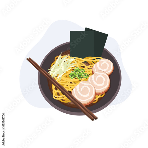ramen noodle bowl with chashu pork green onion and nori japanese cuisine top view food illustration