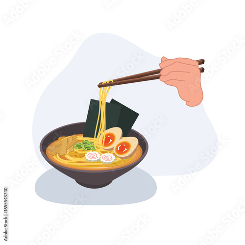 ramen bowl asian cuisine with miso noodles eggs bamboo shoots and nori sheet