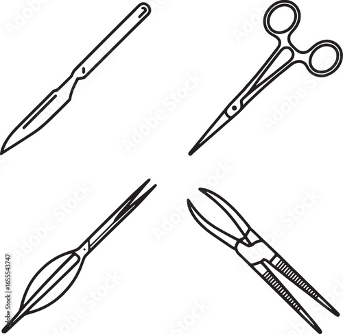 Medical Surgical Instruments Line Art Icons Set scalpel scissors