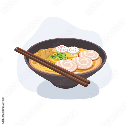 asian cuisine ramen bowl with noodles pork broth toppings and chopsticks