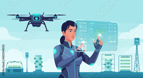 Futuristic agriculture concept with woman using digital display and drone technology