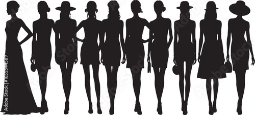 Silhouettes of Women in Fashionable Dresses and Hats female