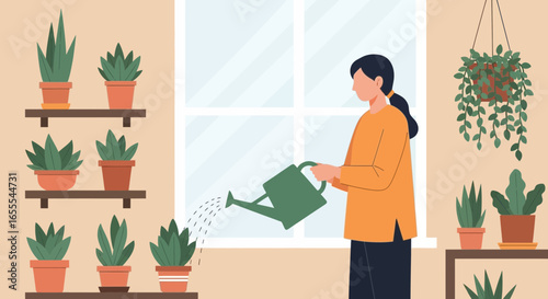 Indoor gardening: Woman watering houseplants near a window with natural light