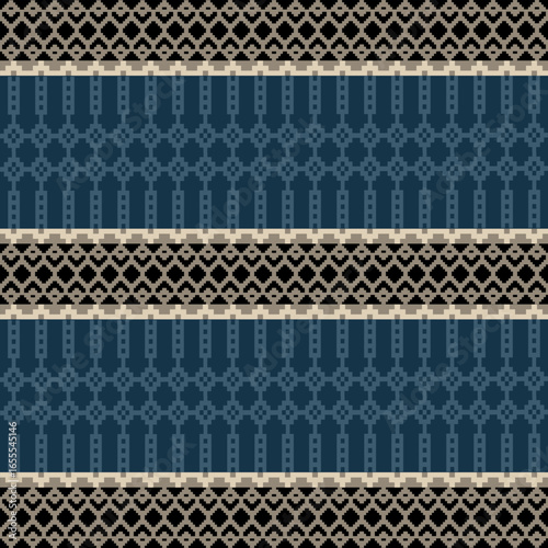 Blue and Earthy Tone Traditional Embroidery Art Abstract with Pixel Art Designs for Textile Print