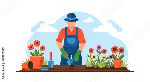 Gardener planting flowers in the garden, spring season horticulture activity illustration