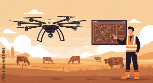 Modern farming with aerial drones and automated livestock monitoring for efficiency