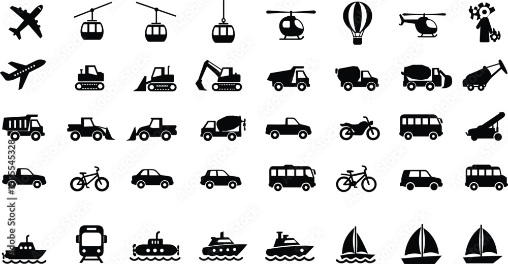 Fototapeta premium Silhouette Icons of Transportation Vehicles, Cars, Buses, Trucks, Trains, Boats, Aircraft, Construction Machines, Bikes, Helicopters, Travel and Transport