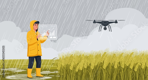 Precision agriculture: Agronomist analyzing field data from drone in the rain