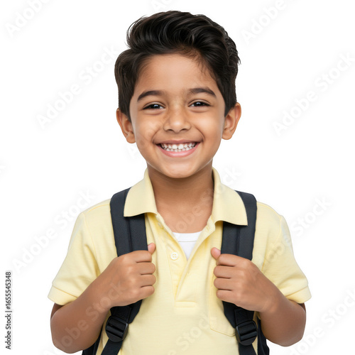 Smiling schoolboy with backpack ready for school isolated on transparent background